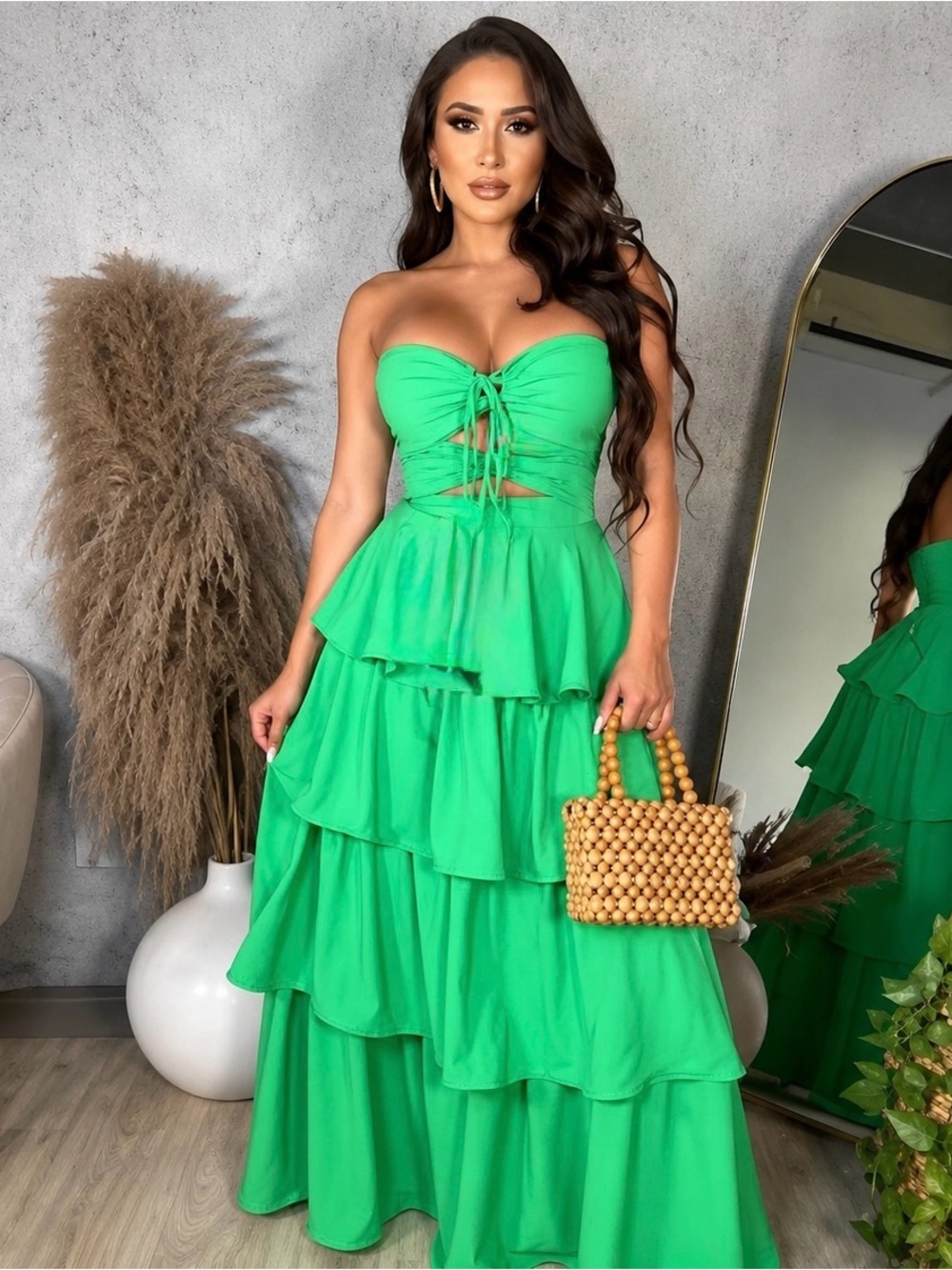Green Strapless Tiered Ruffle Maxi Dress Size M